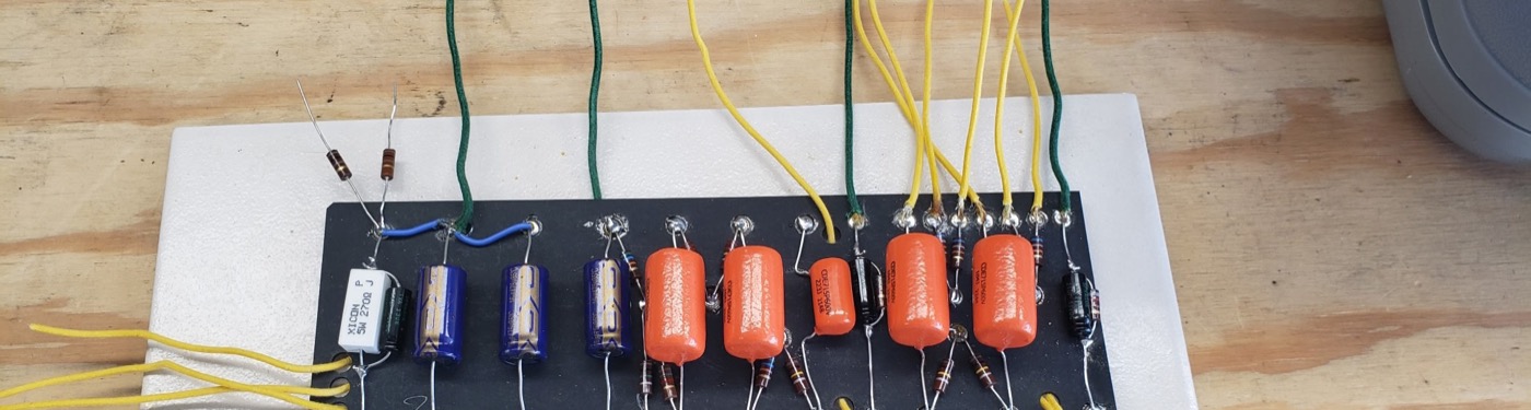 Hand-built component board with capacitors and resistors
